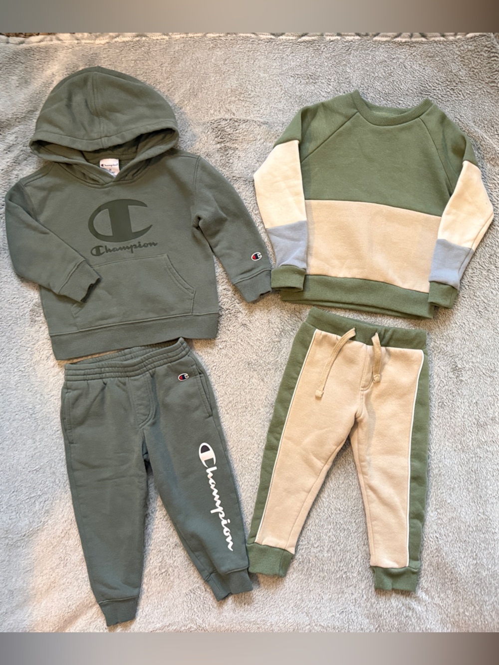 Champion Kids Olive Green Hoodie & Joggers + Two-Tone Sweatshirt Set